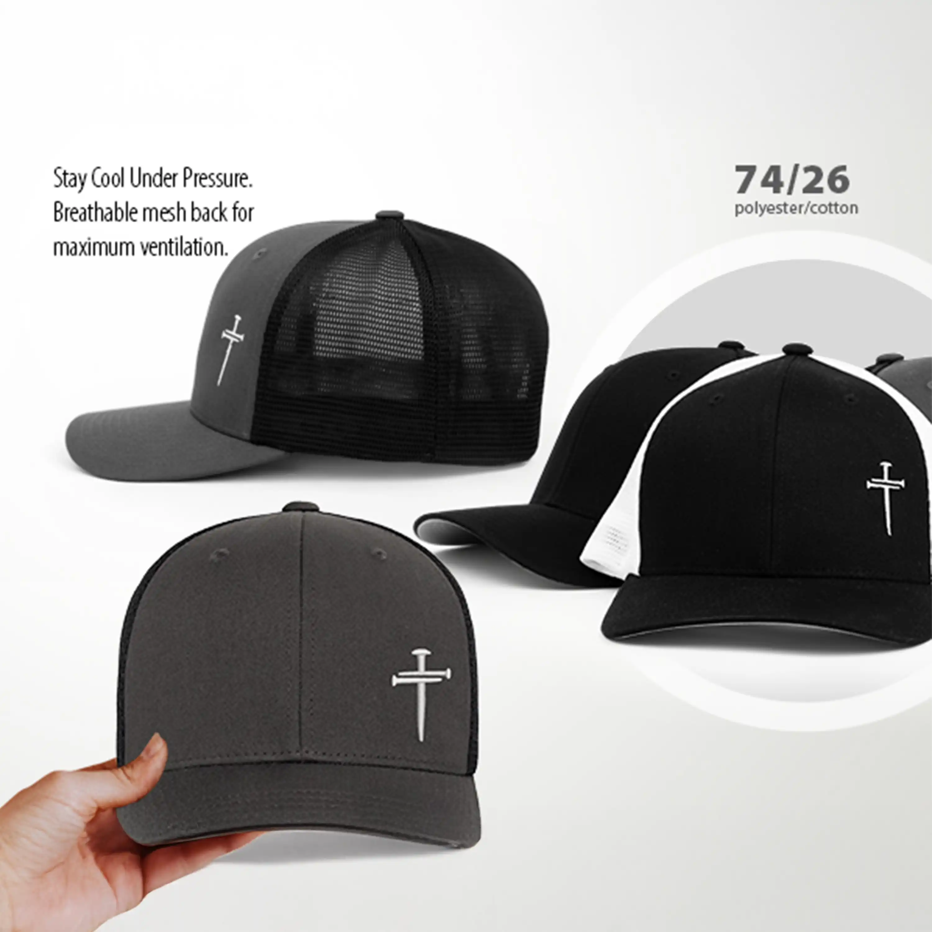 Black baseball cap with cross design held by a hand, on a white background