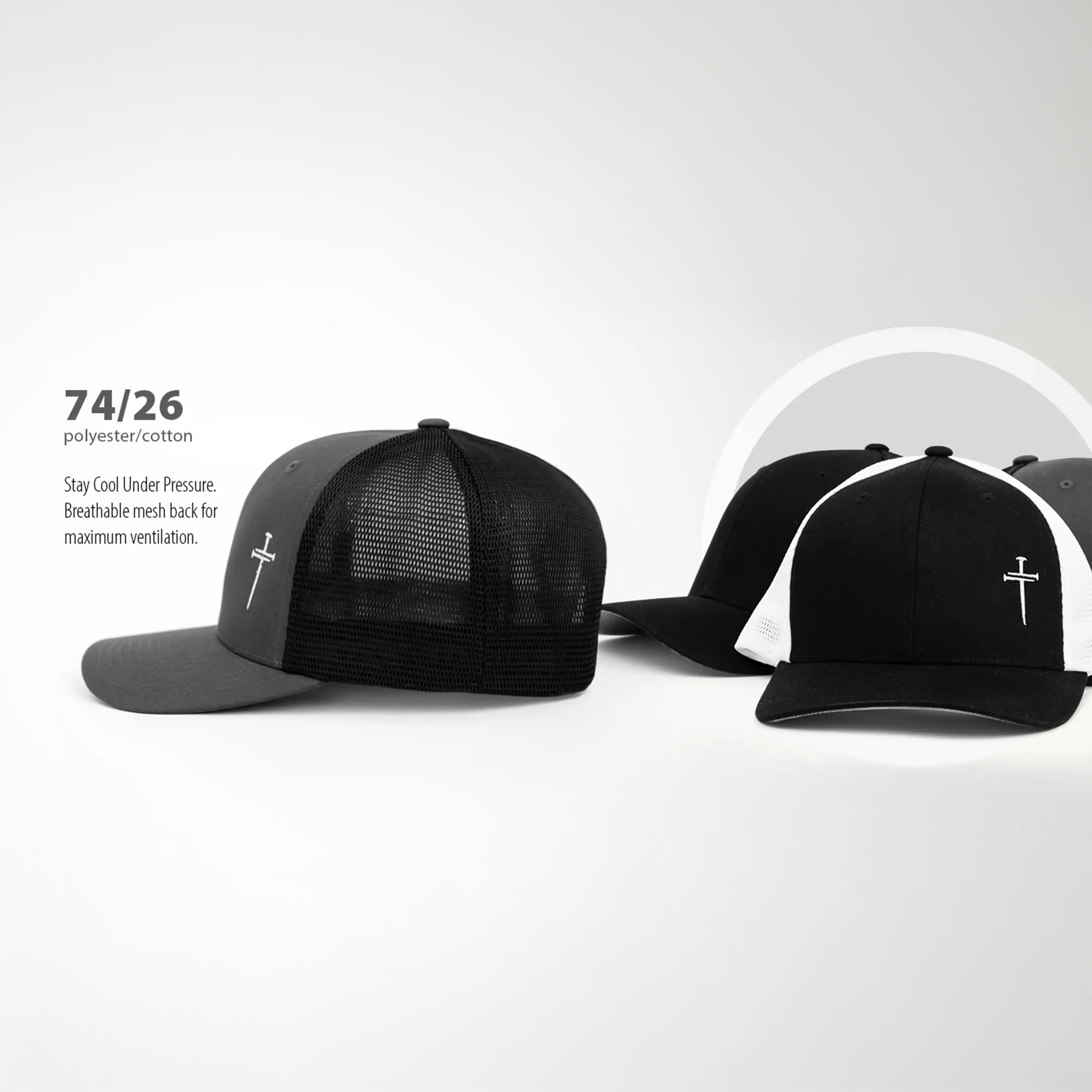 Black baseball cap with mesh back and white logo on a light gray background