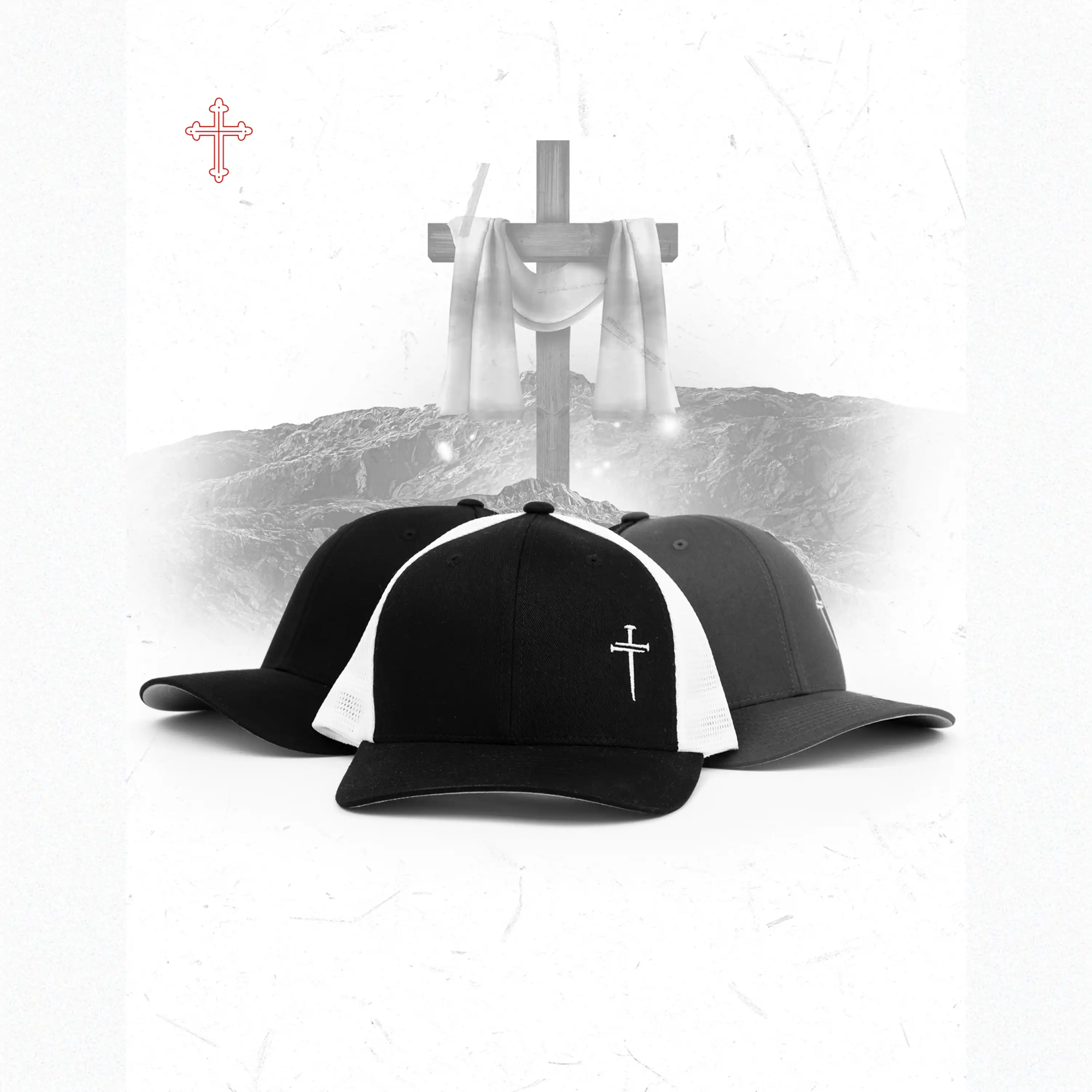 Black and white cap with a cross emblem on a white background