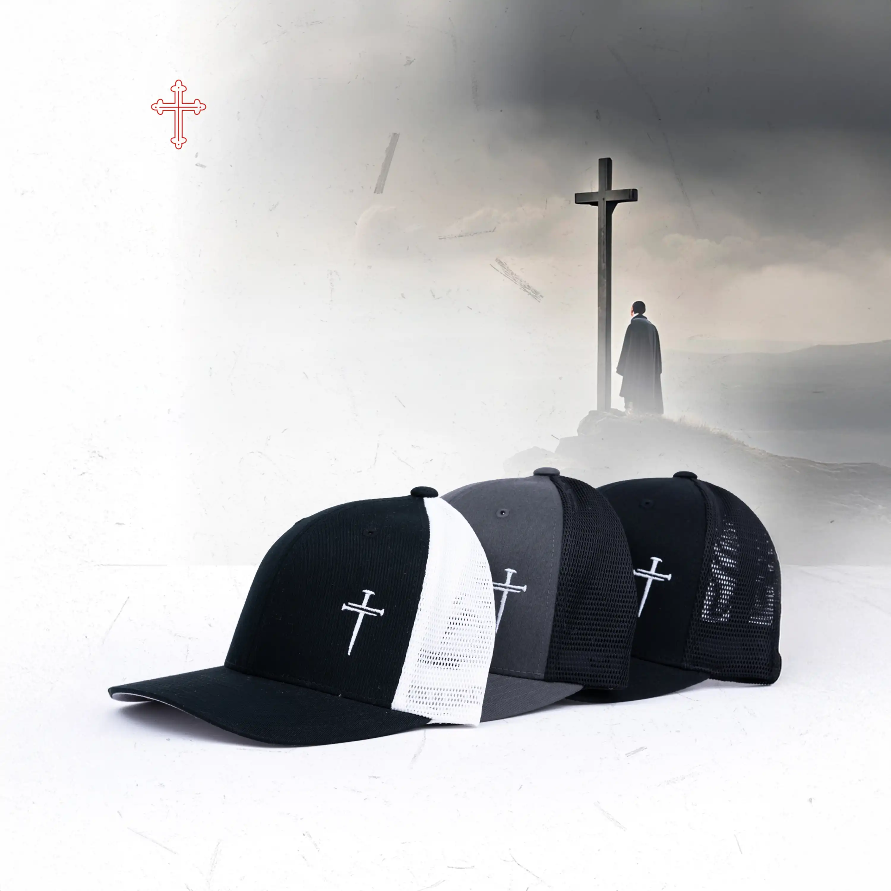 Black caps with white crosses on a white background with a cross silhouette in the background.