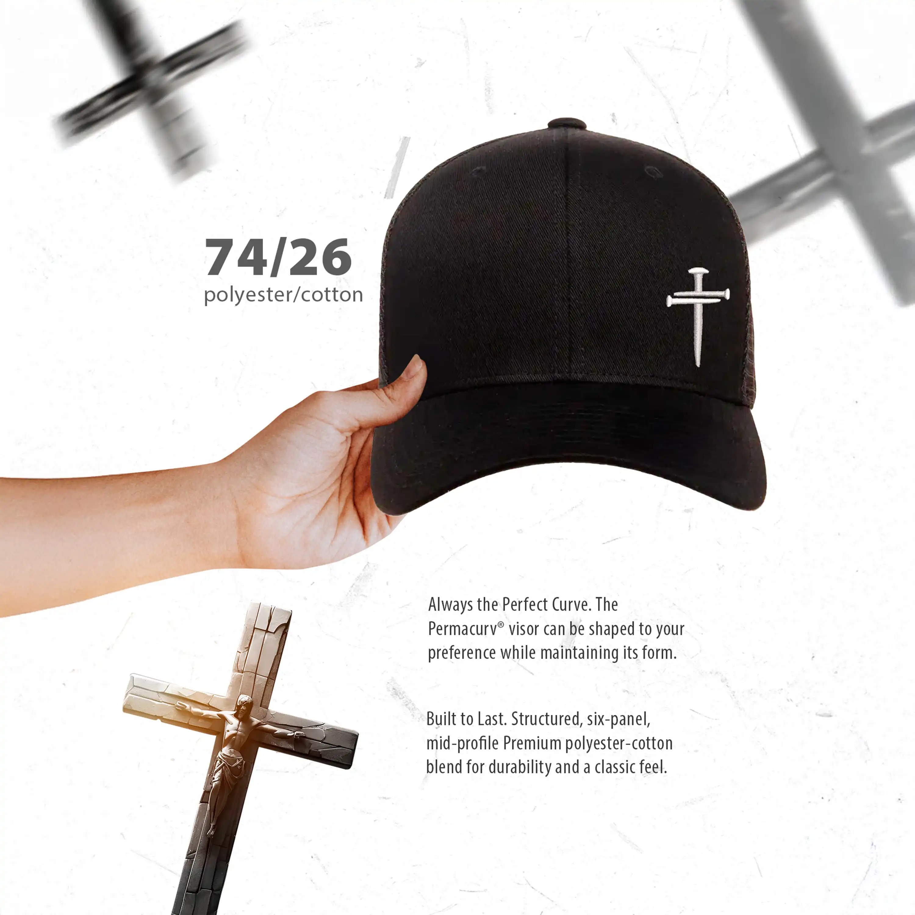 Black cap with a white cross design held by a hand, with text about material and features.