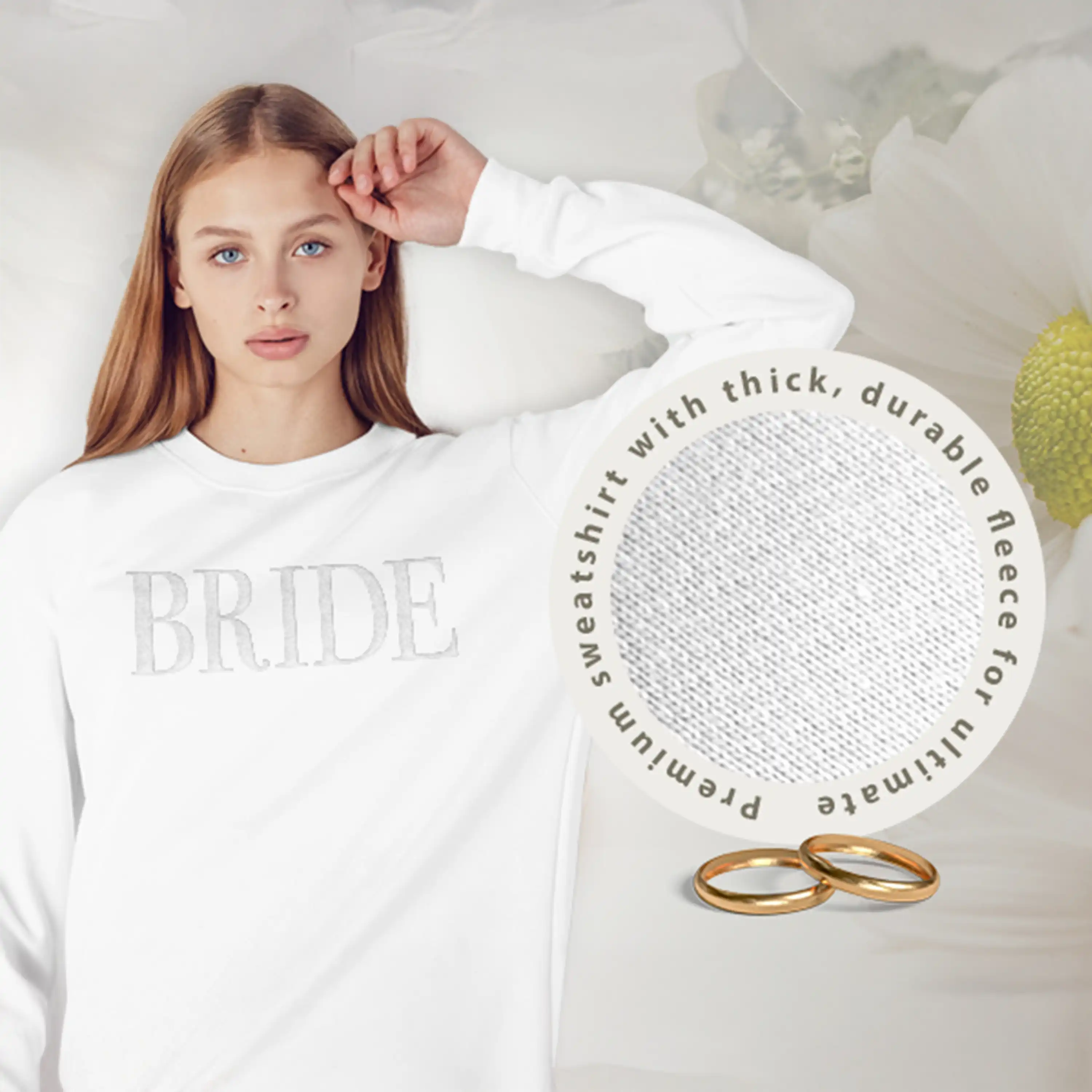Woman wearing a white 'BRIDE' sweatshirt with text overlay on a light background