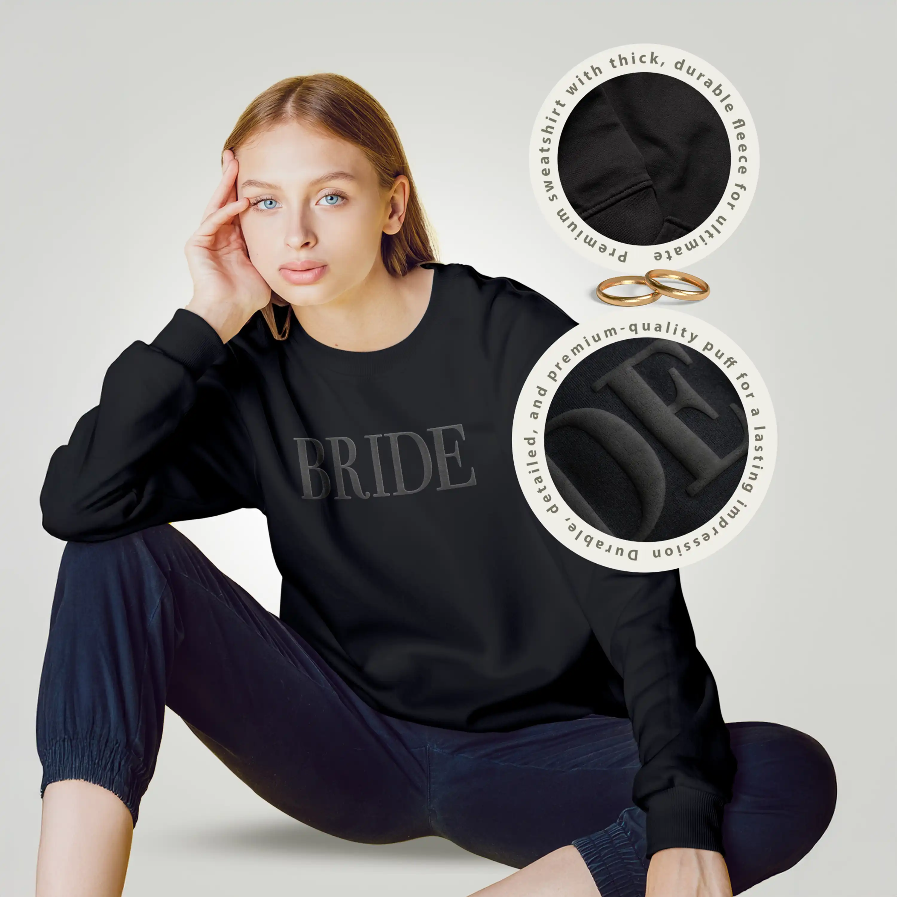 Woman wearing a black 'BRIDE' sweatshirt with close-up details on a light gray background