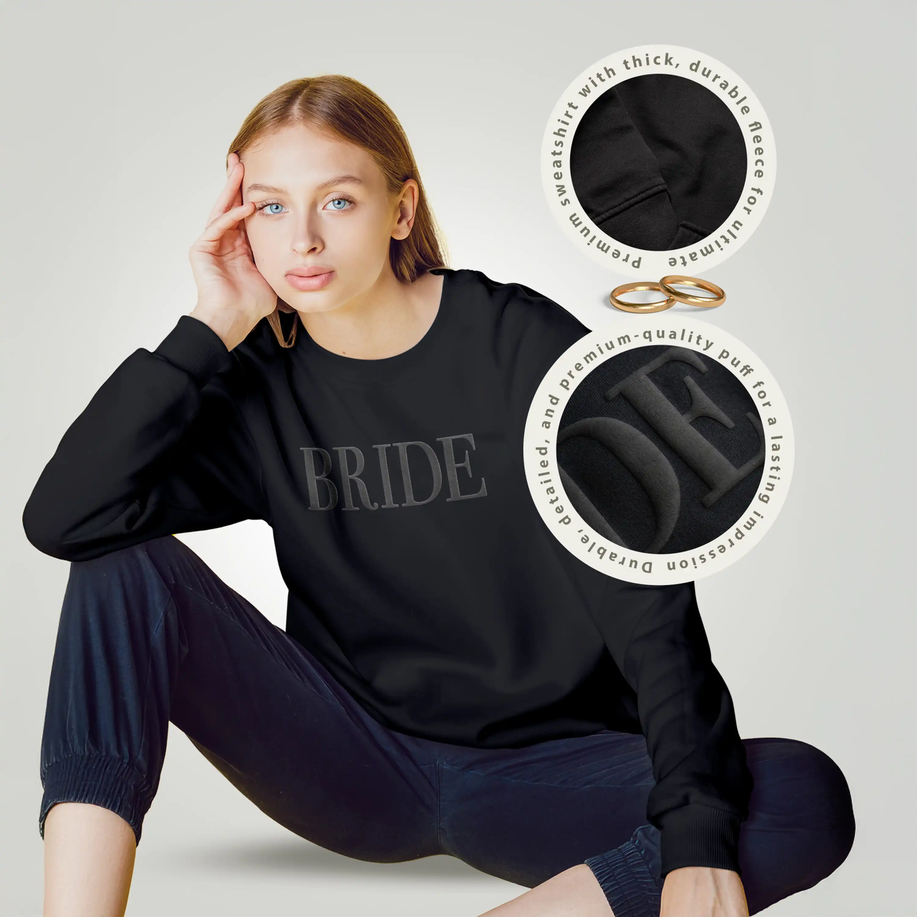 Woman wearing a black 'BRIDE' sweatshirt with close-up details on a light gray background