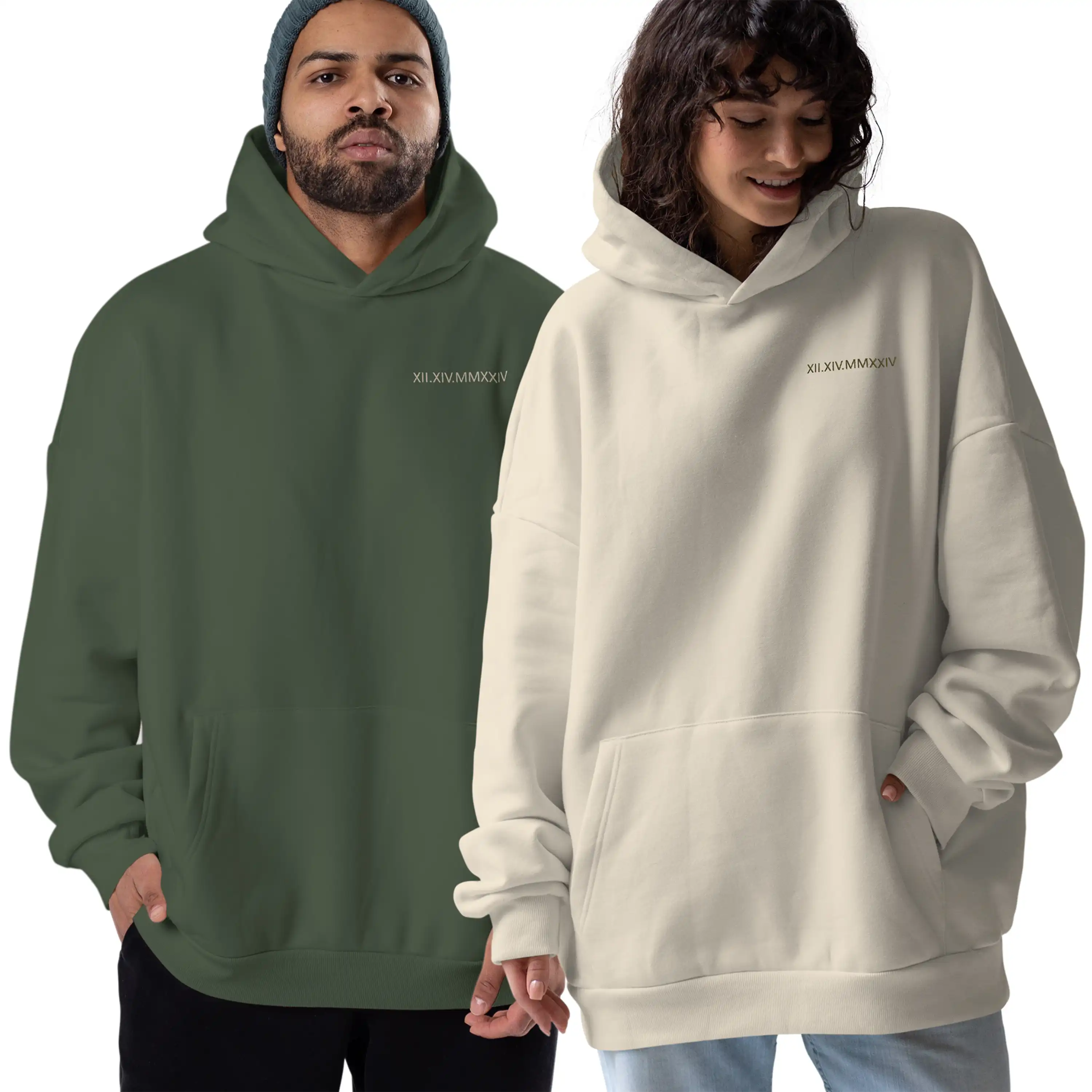 Two people wearing green and beige hoodies with a brand logo on a white background