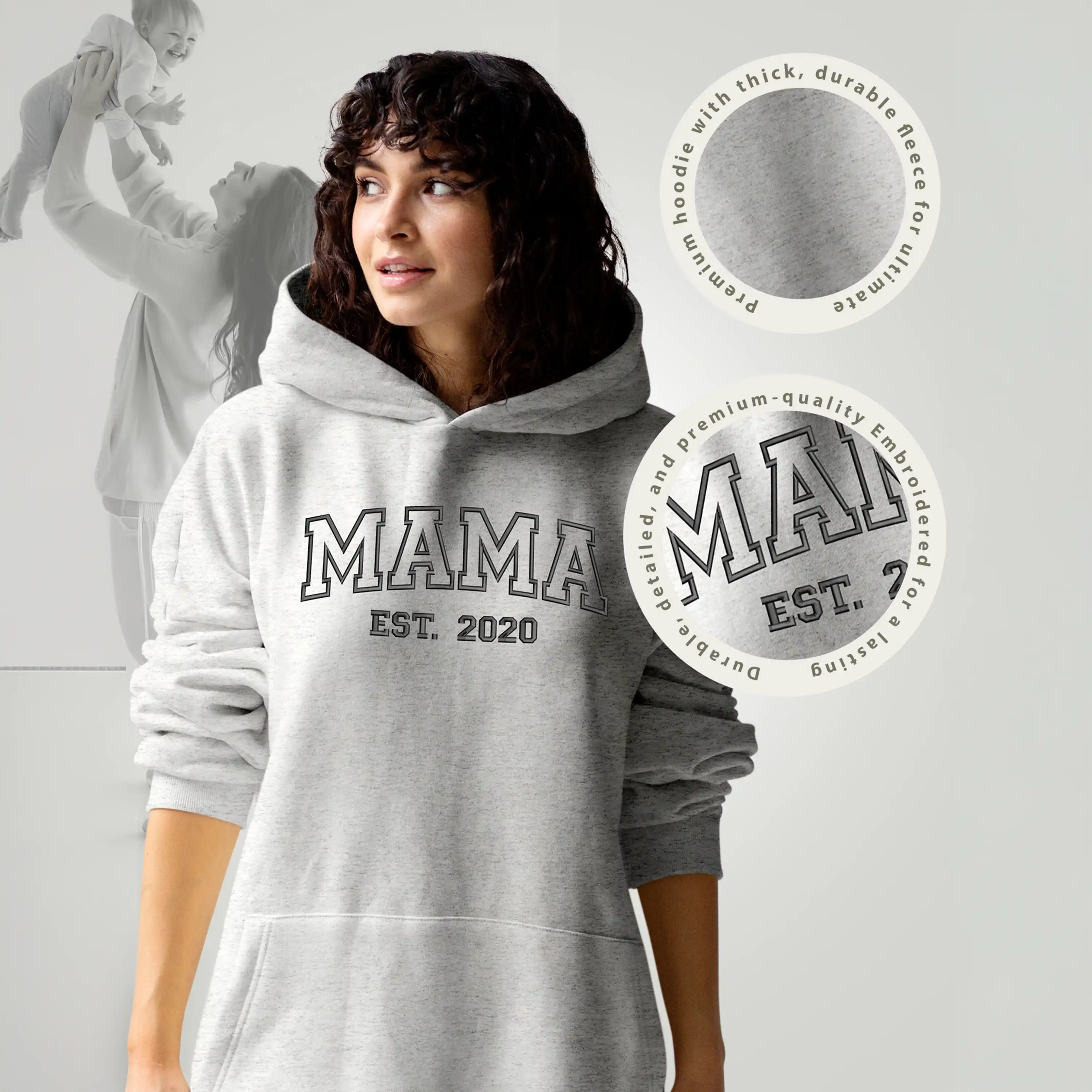 Woman wearing a gray hoodie with 'MAMA EST. 2020' text, with a brand logo overlay on a light gray background.