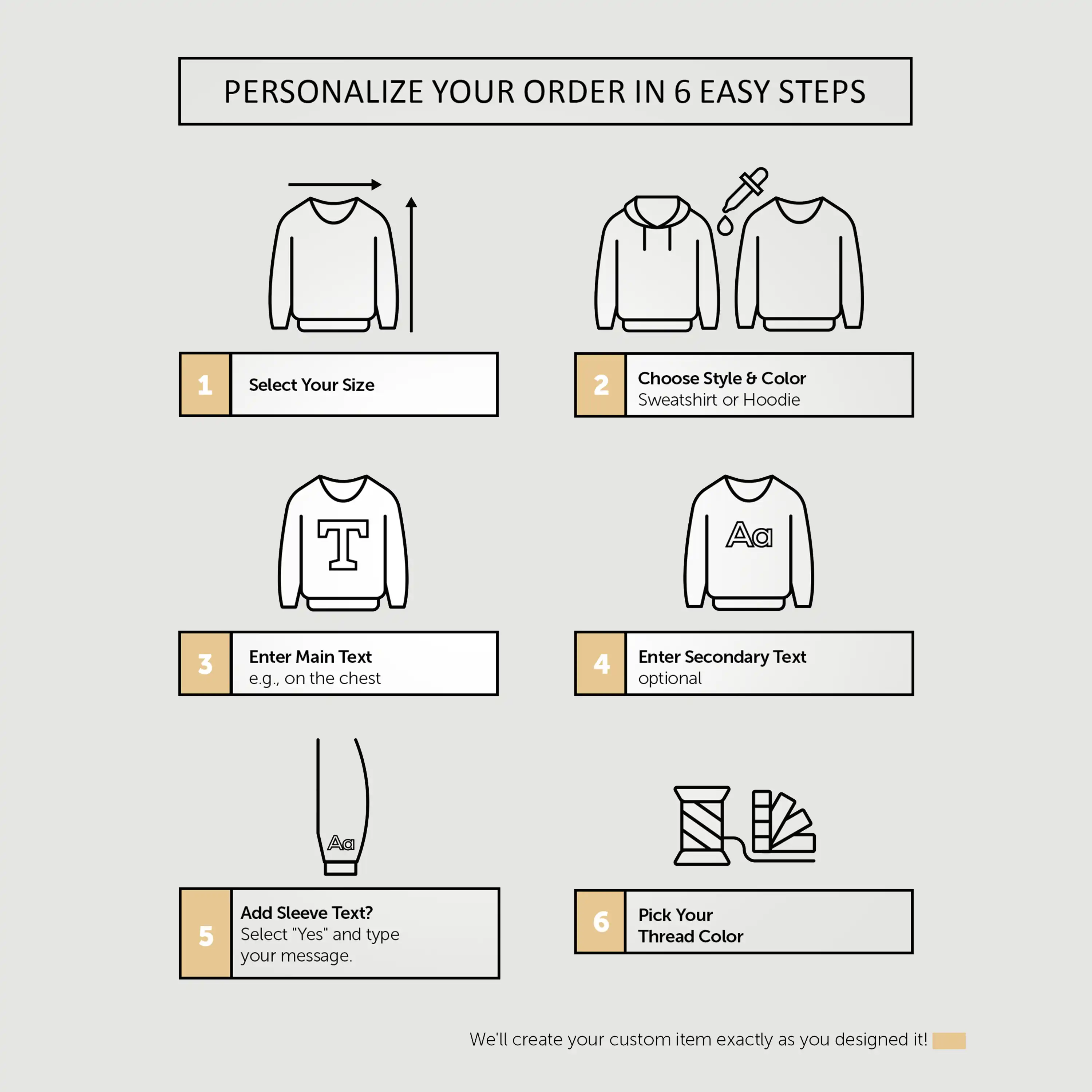 Step-by-step guide for personalizing a custom sweatshirt or hoodie with text and color options.