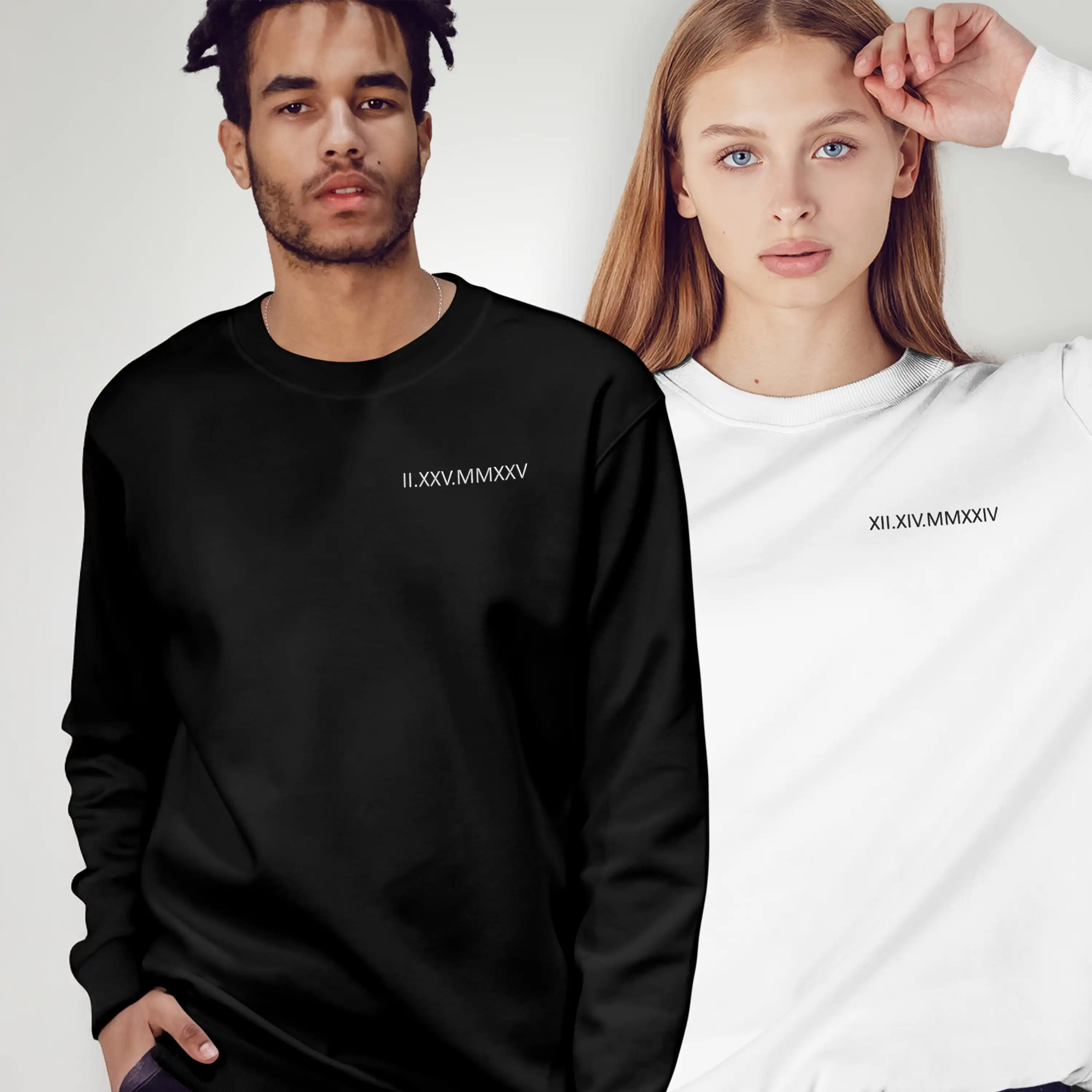 Two people wearing black and white sweatshirts with Roman numeral design.