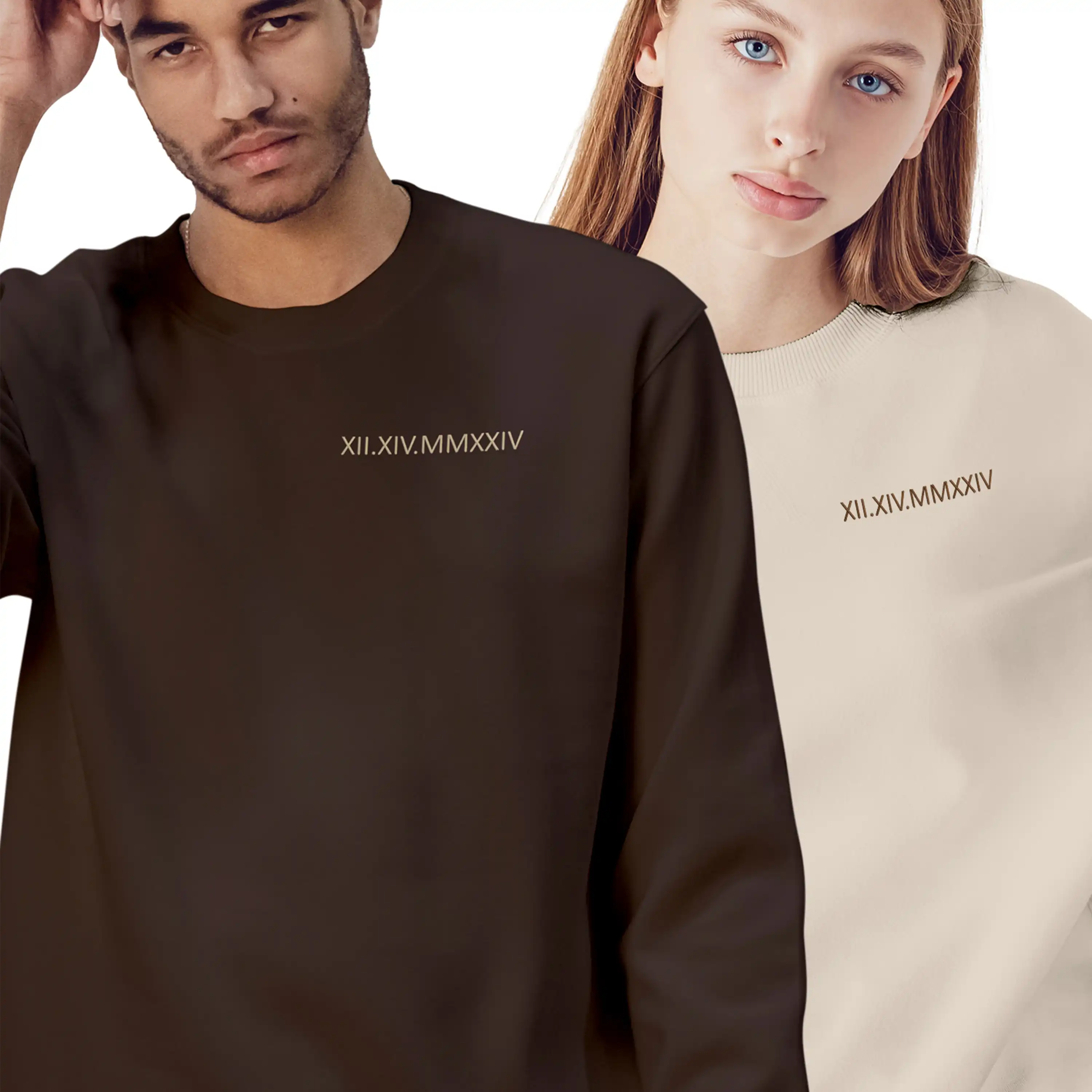 Two people wearing sweatshirts with a date printed on them against a white background