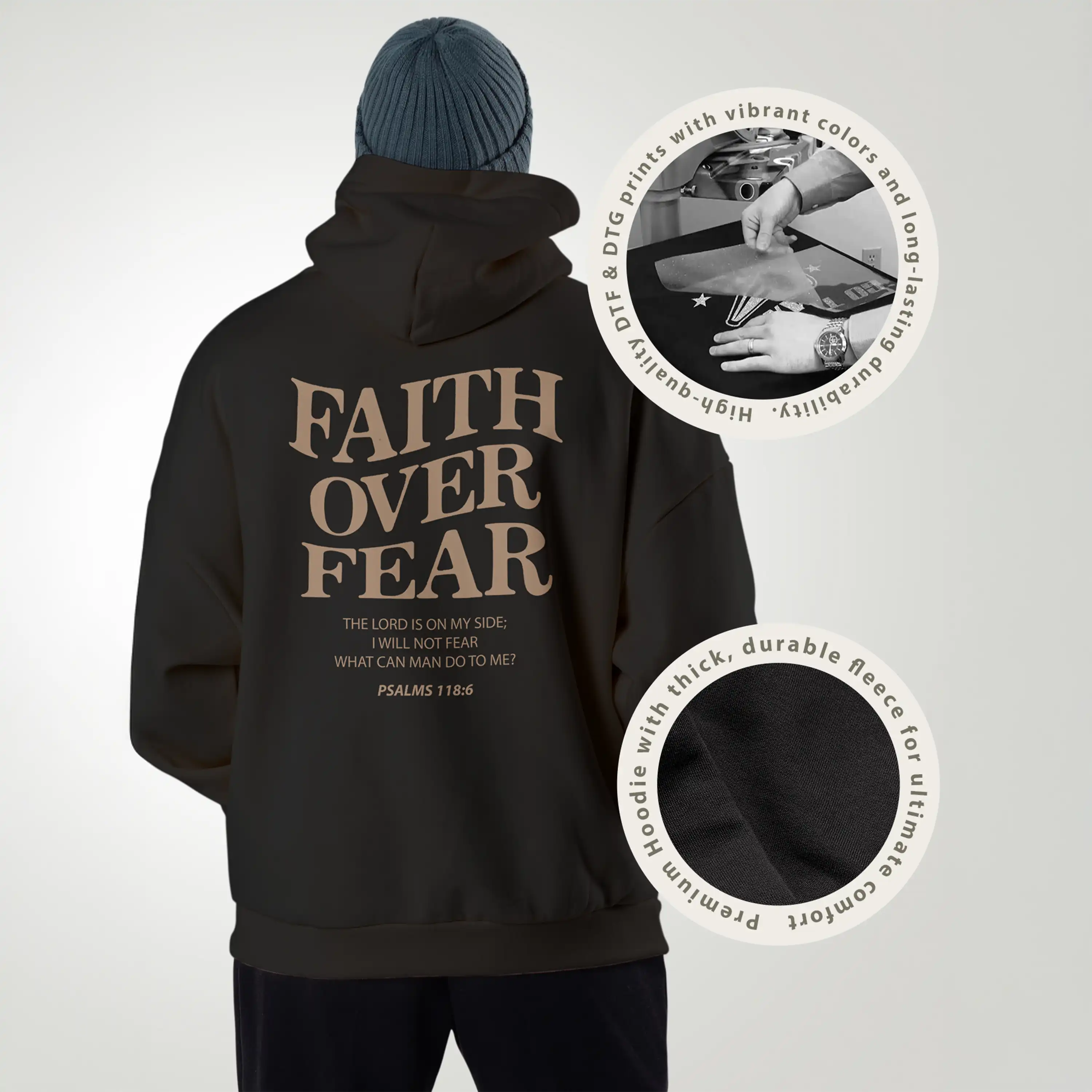 Black hoodie with 'Faith Over Fear' text on the back, shown from the back and side views.