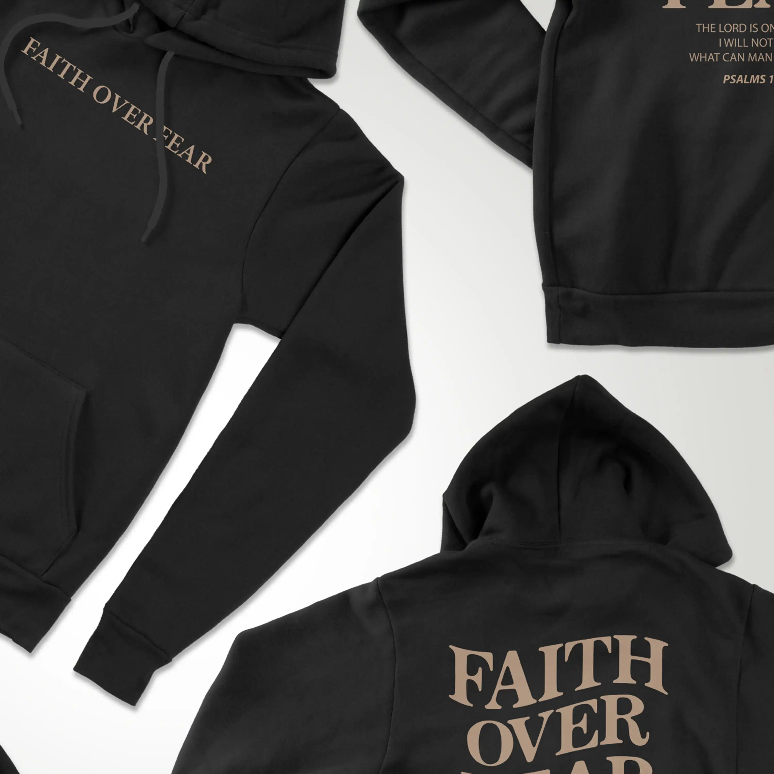 Black hoodies with 'Faith Over Fear' text on a white background