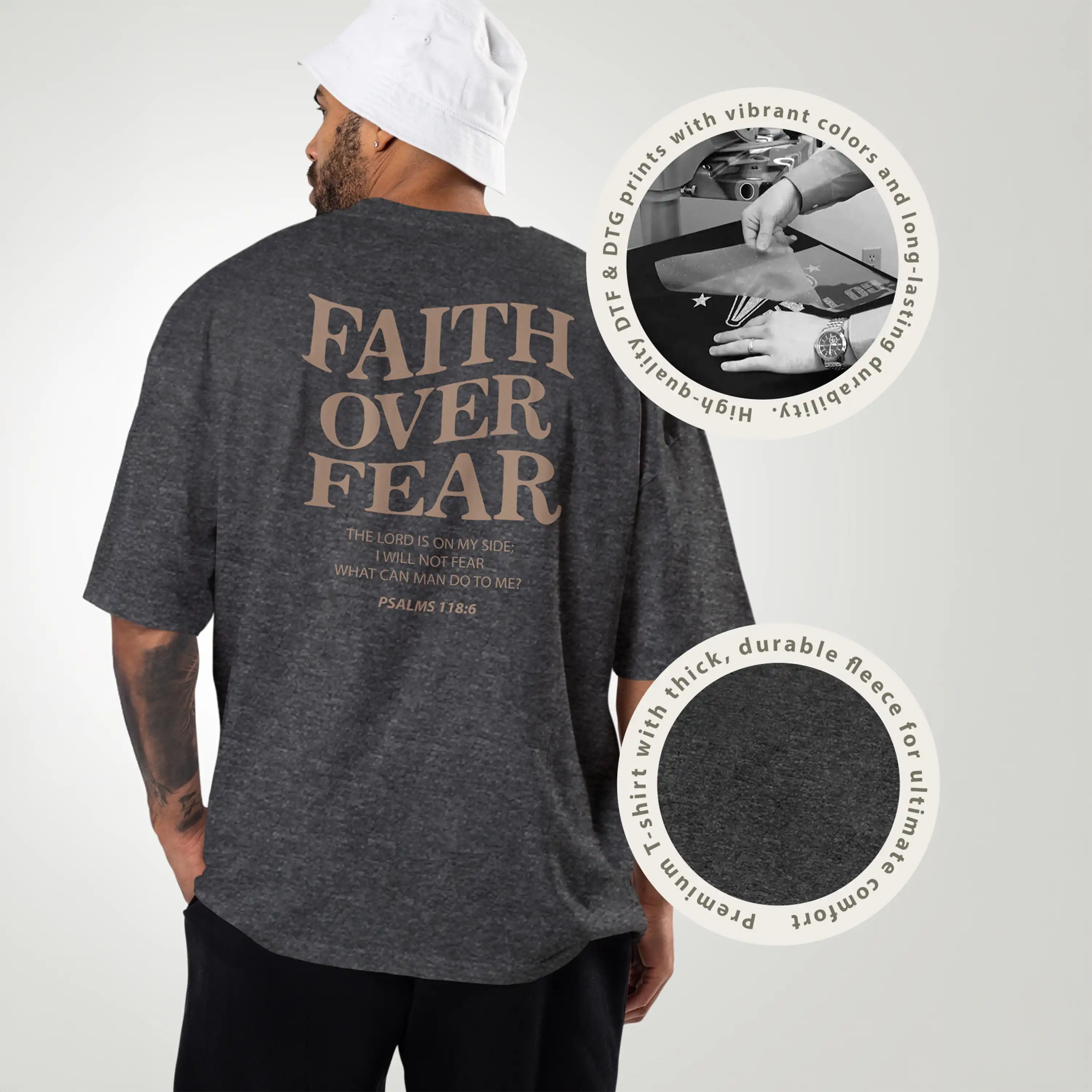 Man wearing a gray t-shirt with 'Faith Over Fear' text, with close-up details of the shirt on a white background.