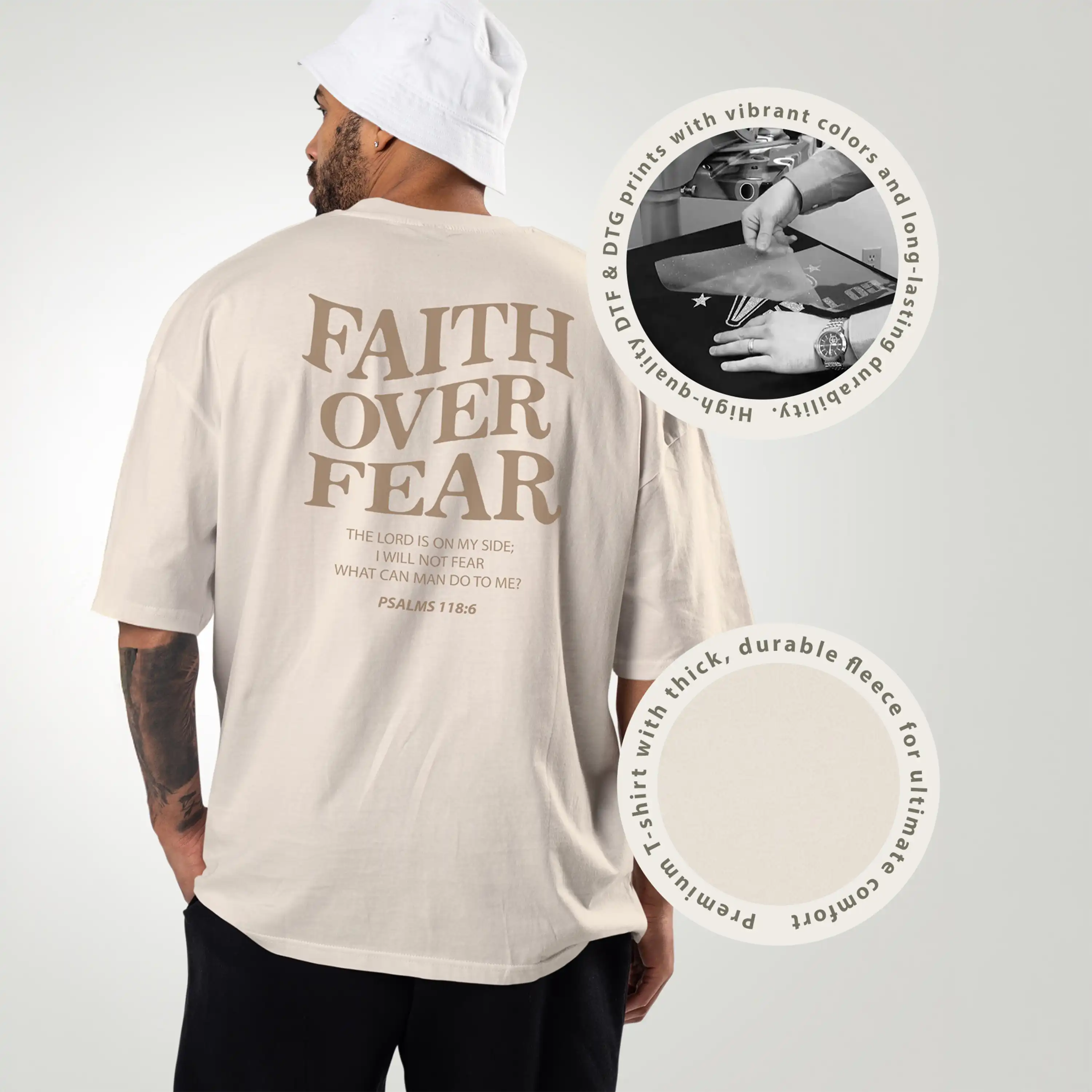 Man wearing a beige t-shirt with 'Faith Over Fear' text, with insets showing product details.