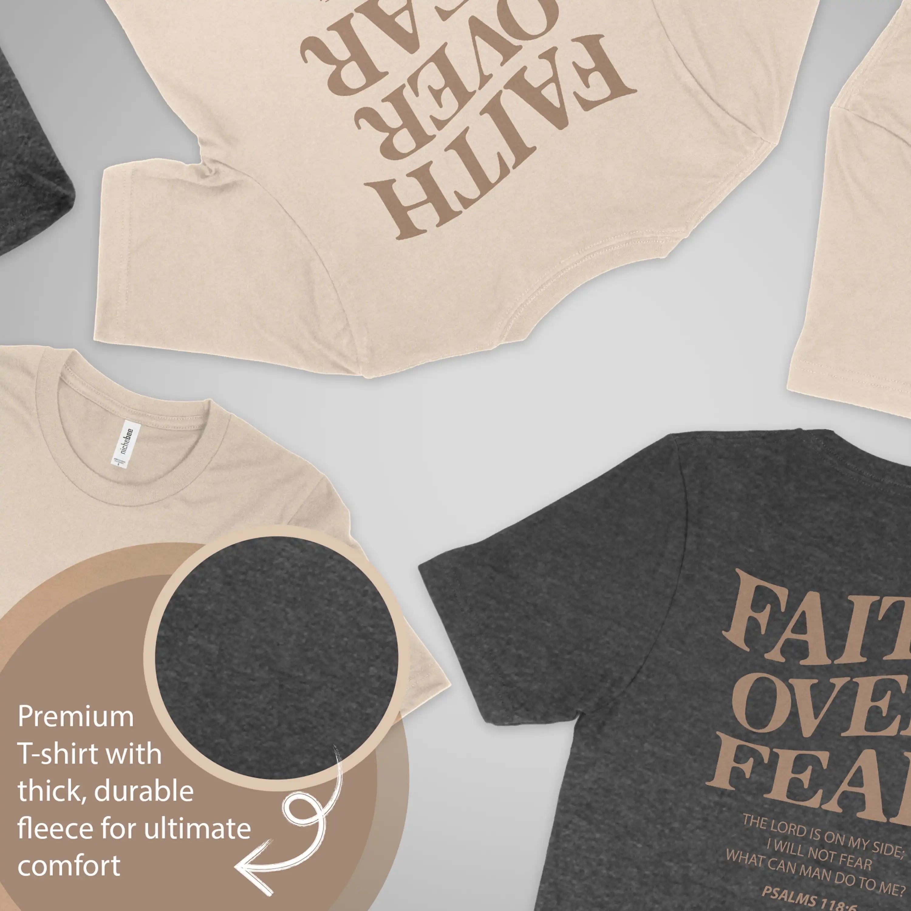 Beige and gray t-shirts with text on a light gray background