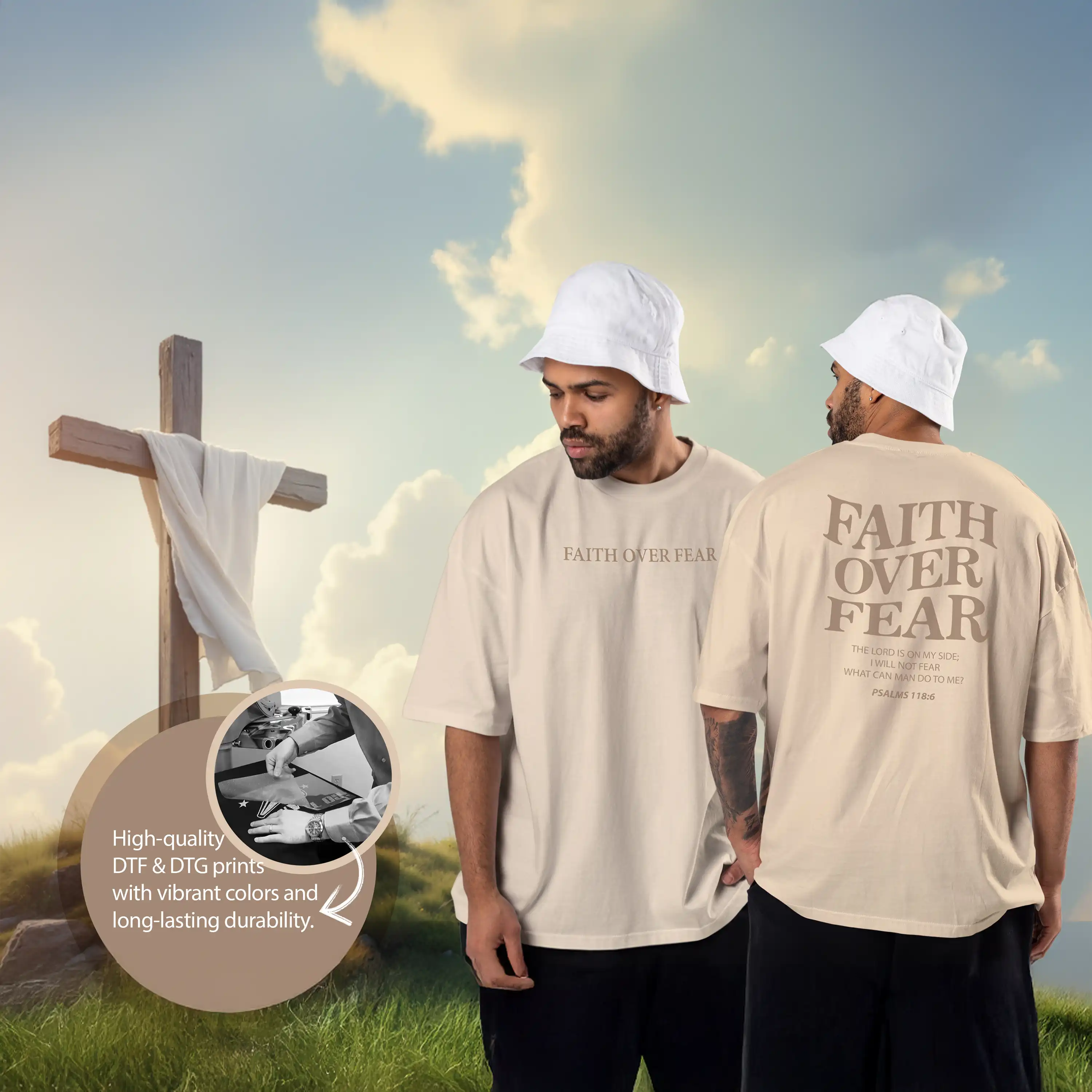 Two people wearing 'Faith Over Fear' t-shirts with a cross and sky background.